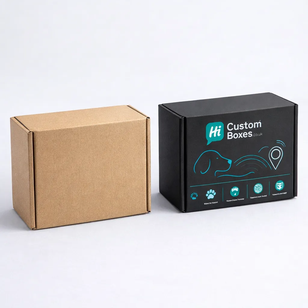 Two vertical cardboard boxes with open tuck-top lids, including a bespoke dog-themed design.